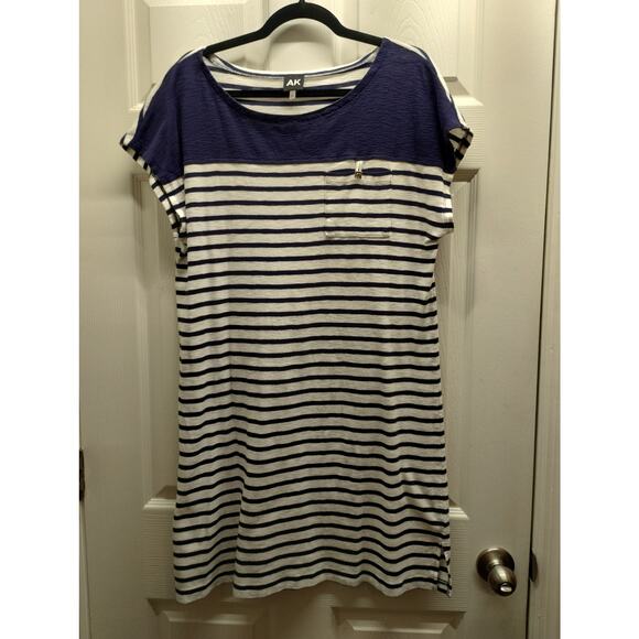 Anne Klein Size Large Blue White Striped Nautical Short Sleeve T-Shirt Dress - Picture 1 of 7